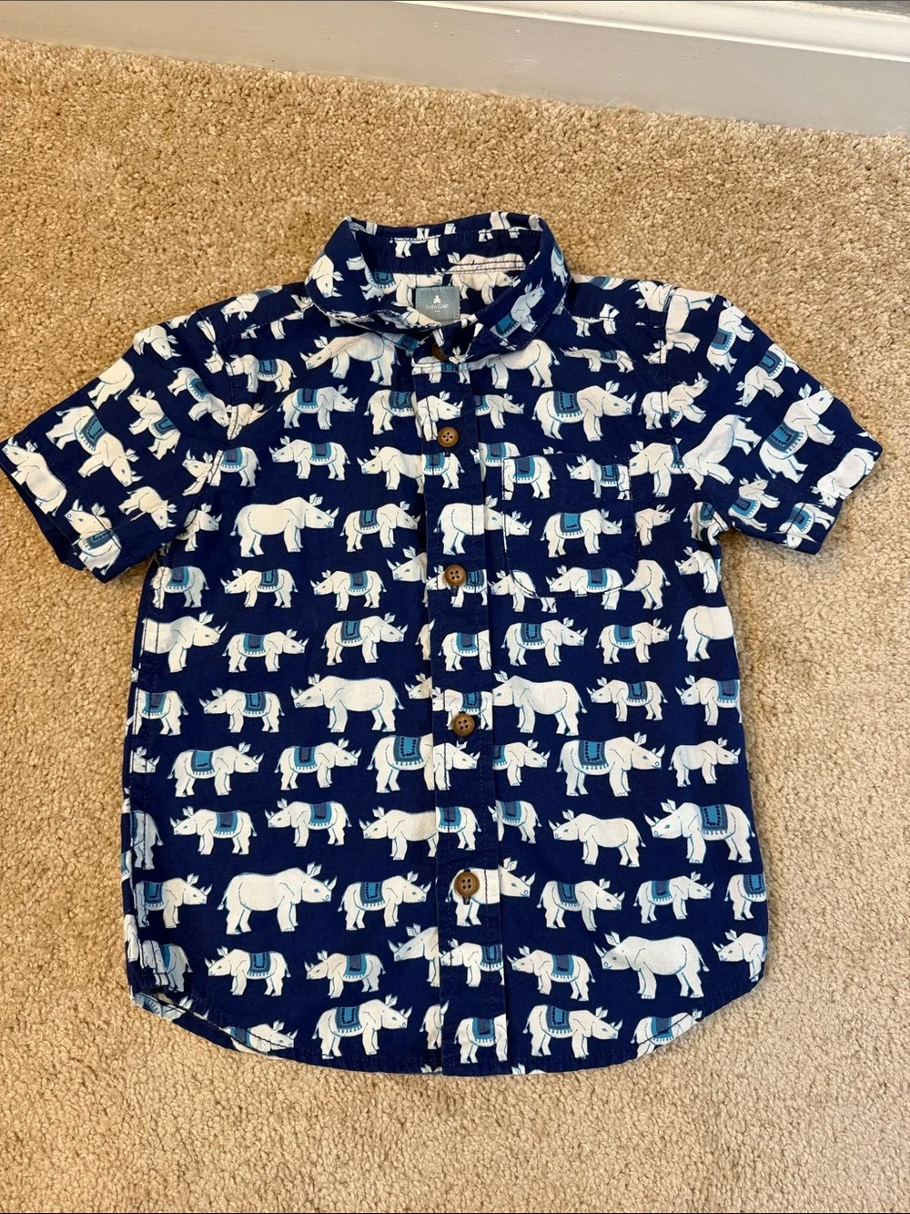 Baby GAP Navy Woven Cotton Button-Down Shirt with White Rhino Print Size 3